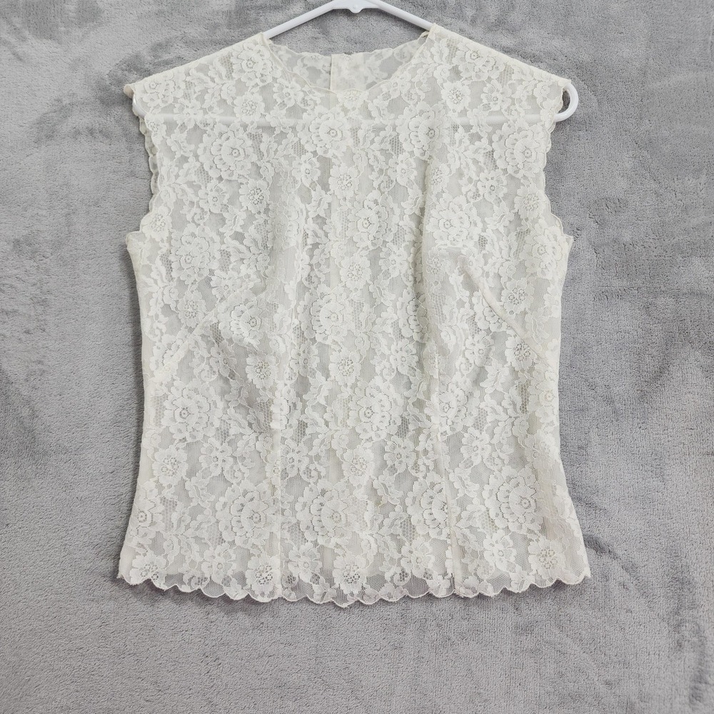 Vintage I. Magnin Top Womens XS White Floral Lace Sheer Sleeveless Blouse Lined